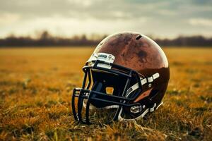 ai generato americano calcio casco su il campo con sfocato stadio sfondo ai generato foto