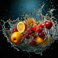 ai generato fresco frutta spruzzi in chiaro acqua, fresco frutta in chiaro acqua spruzzo sfondo ai generato foto