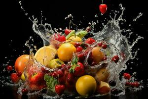 ai generato fresco frutta spruzzi in chiaro acqua, fresco frutta in chiaro acqua spruzzo sfondo ai generato foto