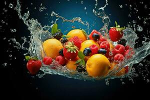 ai generato fresco frutta spruzzi in chiaro acqua, fresco frutta in chiaro acqua spruzzo sfondo ai generato foto