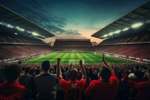 ai generato affollato persone Guardando calcio incontro nel stadio ai generato foto