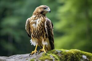 ai generato falco seduta su roccia guardare per preda. ai generato foto