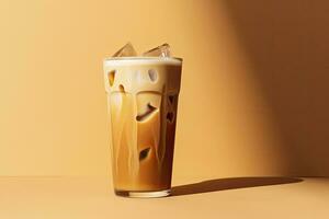 ai generato ghiacciato latte macchiato su giallo sfondo. ai generato foto