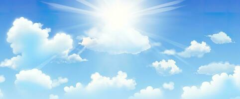 ai generato soleggiato sfondo, blu cielo con bianca nuvole e sole. generativo ai foto