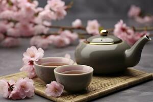 ai generato tradizionale cerimonia. tazze di fermentato Tè, teiera e sakura fiori su grigio tavolo. generativo ai foto