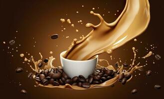 ai generato caldo liquido caffè spruzzo con caffè fagiolo cadente, 3d illustrazione. ai generato foto