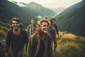 ai generato gruppo di amici escursioni a piedi nel montagne, un' gruppo di amici escursioni a piedi nel il montagne nel un' giorno ai generato foto