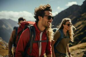 ai generato gruppo di amici escursioni a piedi nel montagne, un' gruppo di amici escursioni a piedi nel il montagne a tramonto ai generato foto