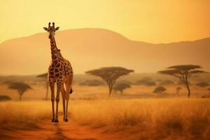 ai generato giraffa a piedi attraverso il africano savana ai generato foto