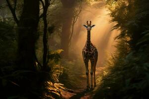 ai generato giraffa a piedi attraverso il africano foresta ai generato foto
