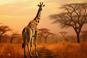 ai generato giraffa a piedi attraverso il africano savana ai generato foto