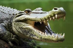 ai generato coccodrillo con suo bocca largo Aperto con un' verde lago nel il verde sfondo. ai generato foto