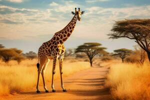 ai generato giraffa a piedi attraverso il africano savana ai generato foto