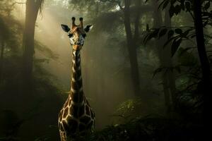 ai generato giraffa a piedi attraverso il africano foresta ai generato foto