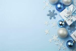 ai generato Natale vigilia concetto. superiore Visualizza foto di blu e argento palline fiocco di neve ornamenti elegante presente scatole e coriandoli. ai generato