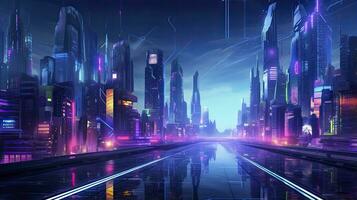 ai generato un' futuristico, cyberpunk ispirato paesaggio urbano a notte. ai generato foto