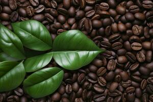 ai generato verde le foglie con caffè fagioli come sfondo. ai generato foto