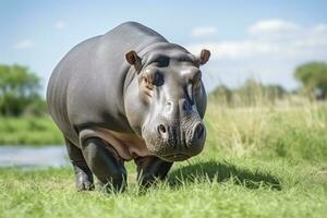 ai generato ippopotamo a piedi nel un' verde campo. ai generato foto