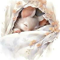 ai generato un' assonnato bambino topo nel un' biancheria da letto, acquerello illustrazione. ai generato foto