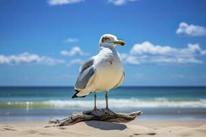 ai generato gabbiano su il spiaggia sotto blu cielo. foto