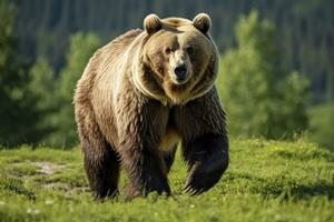 ai generato Marrone orso in movimento su il verde prato nel primavera natura. ai generato foto