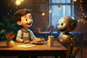 ai generato sorridente ragazzo parlando con il ai robot e essi mangiare su tavolo ai generato foto