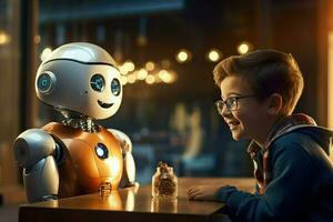 ai generato sorridente ragazzo parlando con il ai robot e essi mangiare su tavolo ai generato foto