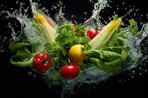 ai generato verdura spruzzi in chiaro acqua verdure spruzzi in chiaro acqua su buio sfondo ai generato foto