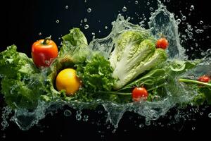 ai generato verdura spruzzi in chiaro acqua verdure spruzzi in chiaro acqua su buio sfondo ai generato foto