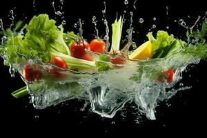 ai generato verdura spruzzi in chiaro acqua verdure spruzzi in chiaro acqua su buio sfondo ai generato foto