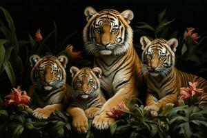 ai generato tigre con sua famiglia ai generato foto
