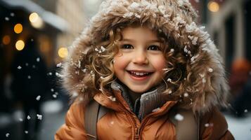 ai generato un' carino bambino ragazza indossare un' inverno cappotto gode il inverno tempo metereologico foto