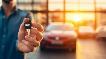 ai generato un' uomo trasportato su inteligente auto chiave, sfocato auto showroom nel sfondo, luminosa leggero nel sfondo foto