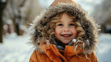 ai generato un' carino bambino ragazza indossare un' inverno cappotto gode il inverno tempo metereologico foto