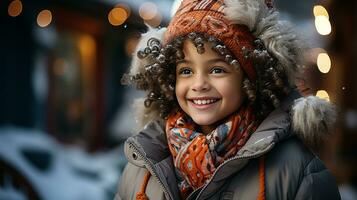 ai generato un' carino bambino ragazza indossare un' inverno cappotto gode il inverno tempo metereologico foto