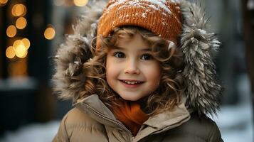 ai generato un' carino bambino ragazza indossare un' inverno cappotto gode il inverno tempo metereologico foto