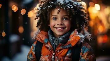 ai generato un' carino bambino ragazza indossare un' inverno cappotto gode il inverno tempo metereologico foto