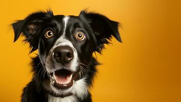 ai generato cane guardare sorpreso, reagendo stupito, colpito, su un' giallo sfondo. foto