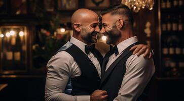 ai generato giovane gay nozze scena, nozze di giovane gay foto