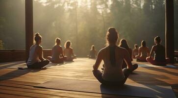 ai generato bella giovane donna fare yoga nel il mattina foto