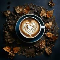 ai generato tazza di caffè con latte macchiato arte e caffè fagioli su buio sfondo. foto