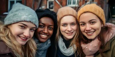 ai generato un' vicino su di un' gruppo di sorridente donne, generativo ai foto