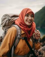 ai generato influencer con hijab impegnato nel un' vivace e energico all'aperto attività, cattura il spirito di avventura e esplorazione foto