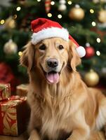 ai generato d'oro cane da riporto pieno corpo indossare Natale cappello e seduta foto
