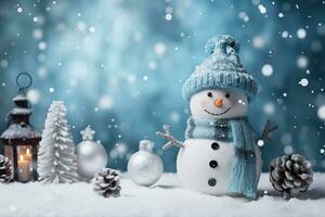ai generato inverno tema sfondo con pupazzo di neve, pino albero e neve fiocchi. Natale, nuovo anno, inverno stagione foto