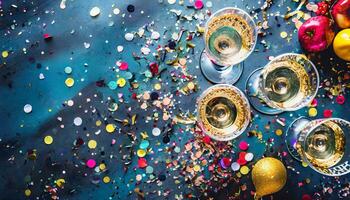 ai generato superiore Visualizza di un' tavolo con molte di coriandoli Champagne occhiali. festa atmosfera, nuovo anni vigilia foto
