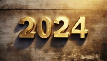 ai generato superiore Visualizza di d'oro figure di il anno 2024 su un' rustico tavolo foto