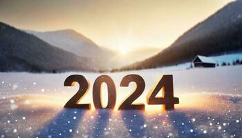 ai generato il figure per il anno 2024 In piedi nel un' invernale nevoso paesaggio foto