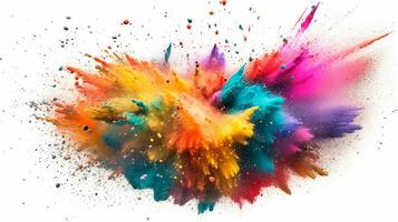 ai generato un' scoppiare di vibrante, multicolore polvere crea un energico esplosione contro un' pulire, incontaminato bianca fondale foto