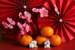 Cinese nuovo anno di il Drago Festival concetto. mandarino arancia, rosso buste, Drago e oro lingotto con rosso carta fan. tradizionale vacanza lunare nuovo anno. foto
